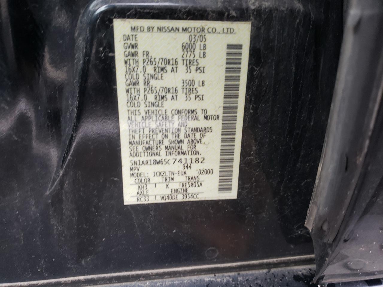 Photo 10 from auction – 2005 NISSAN PATHFINDER with VIN 5N1AR18W65C741182