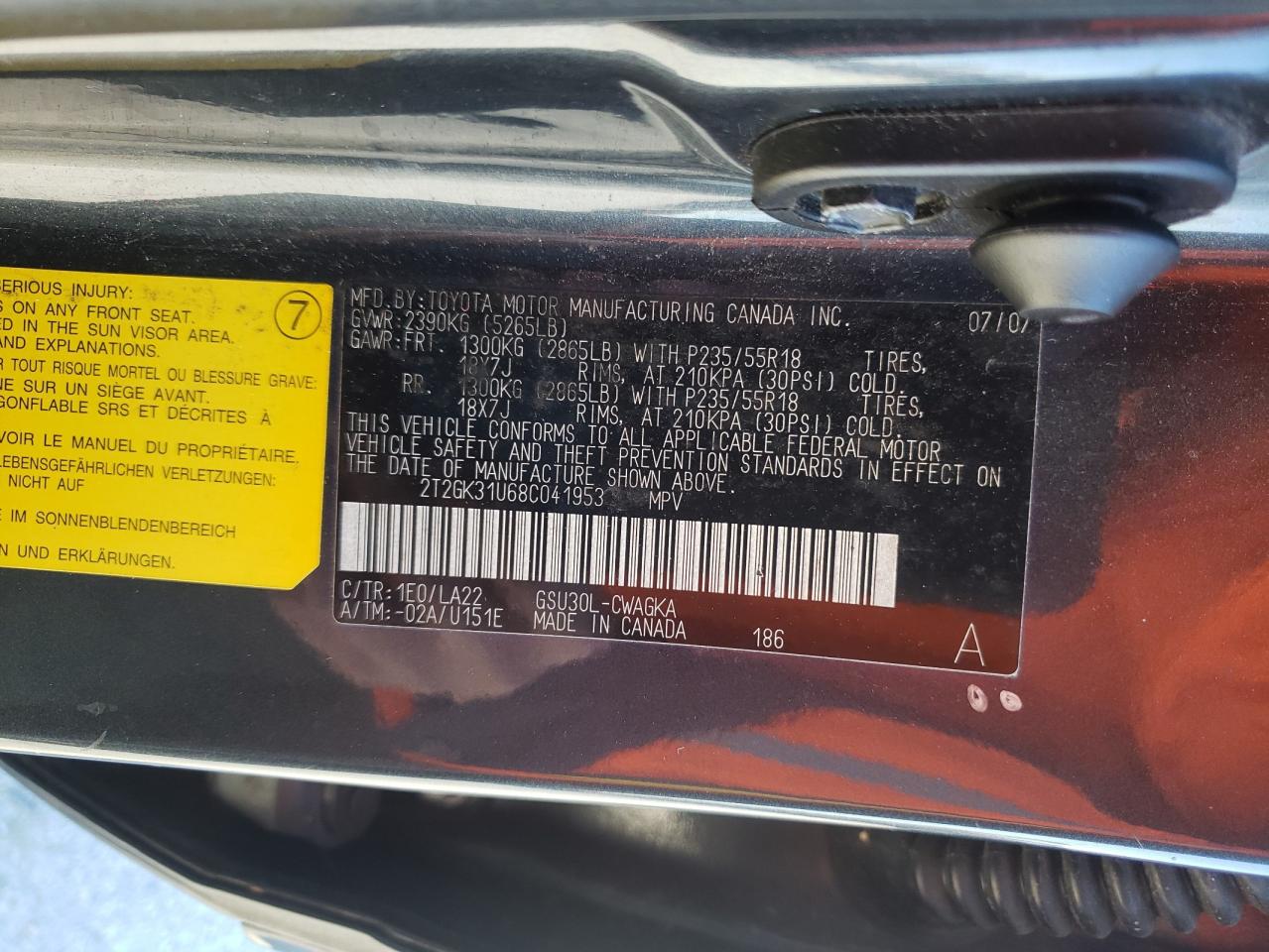 Photo 10 from auction – 2008 LEXUS RX 350 with VIN 2T2GK31U68C041953