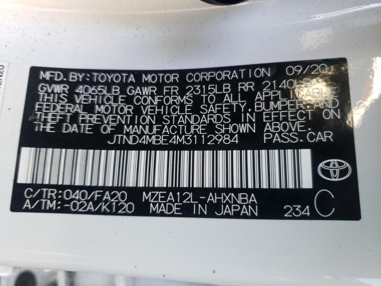 Photo 10 from auction – 2021 TOYOTA COROLLA SE with VIN JTND4MBE4M3112984