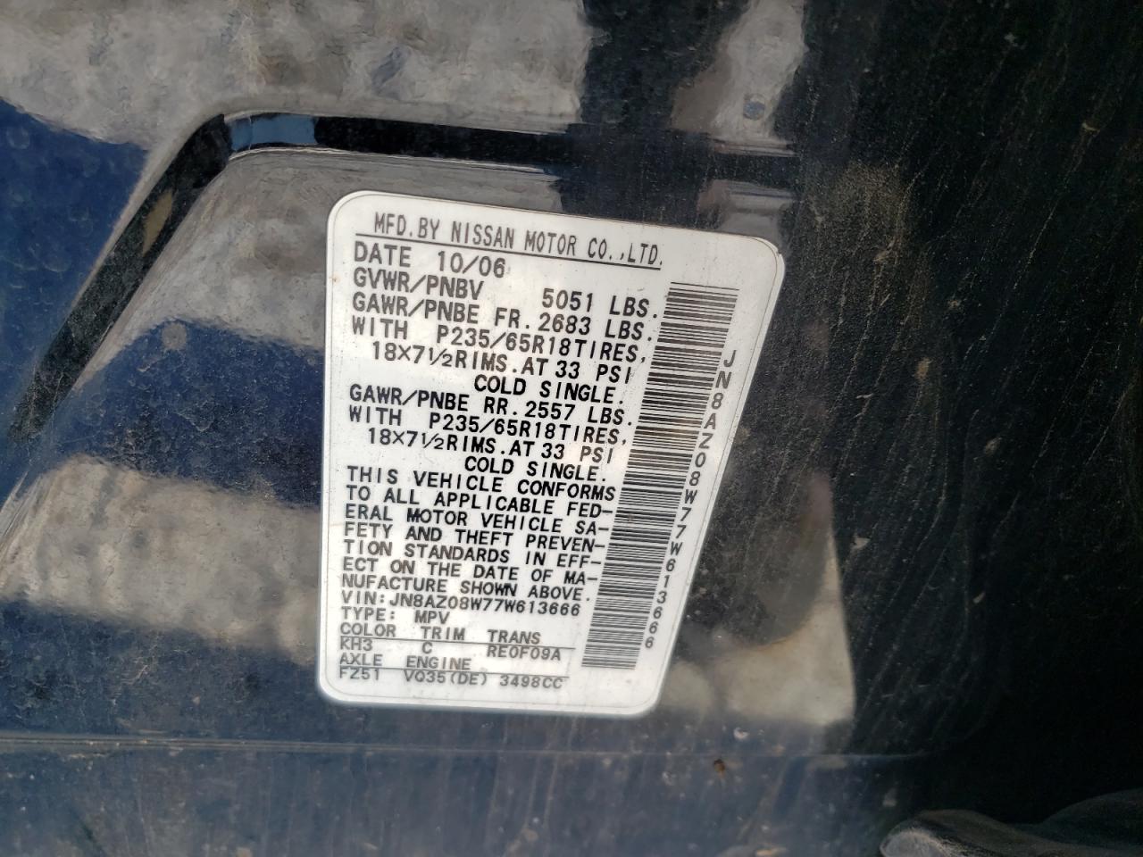 Photo 10 from auction – 2007 NISSAN MURANO SL with VIN JN8AZ08W77W613666
