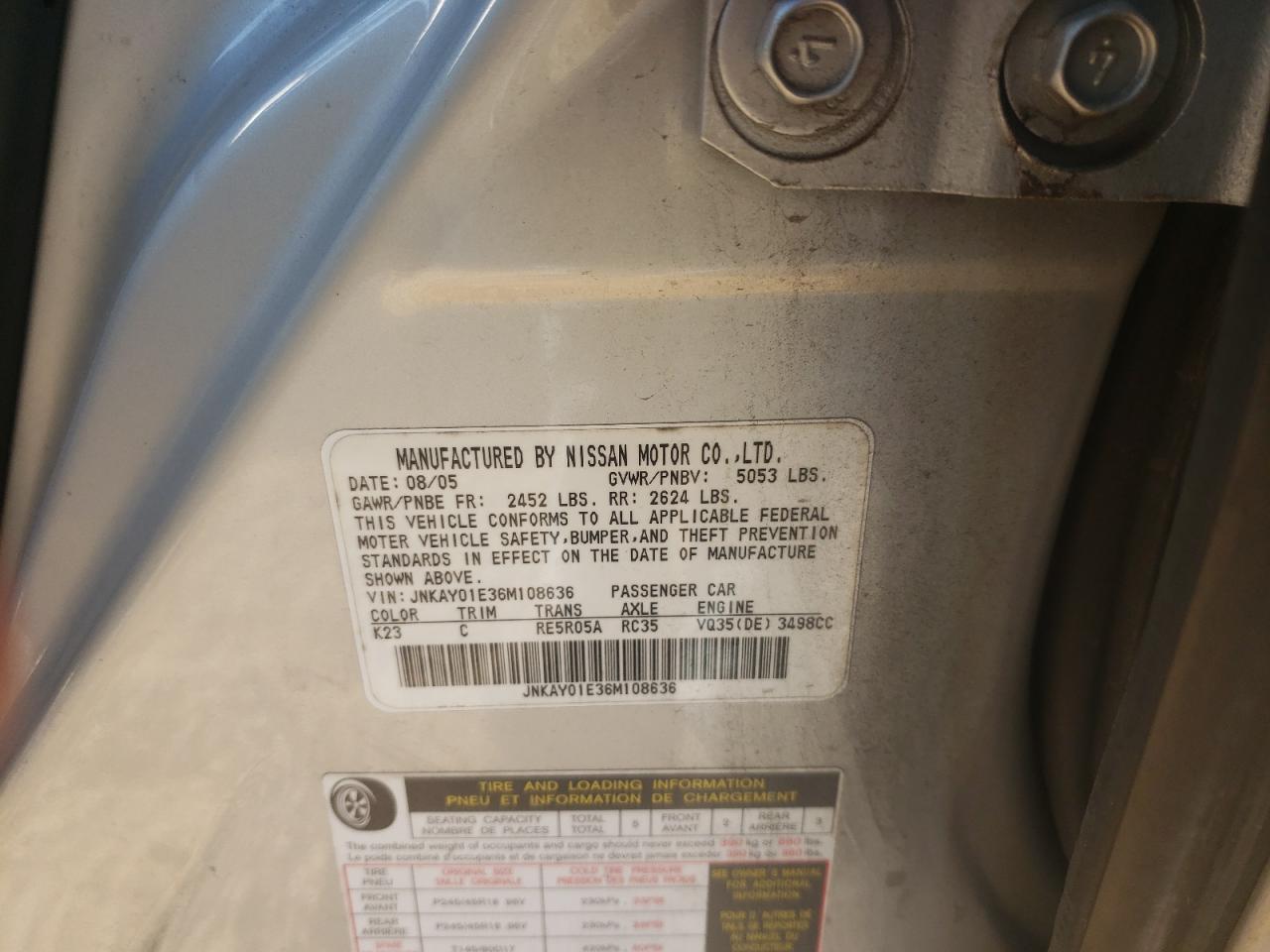 Photo 10 from auction – 2006 INFINITI M35 BASE with VIN JNKAY01E36M108636