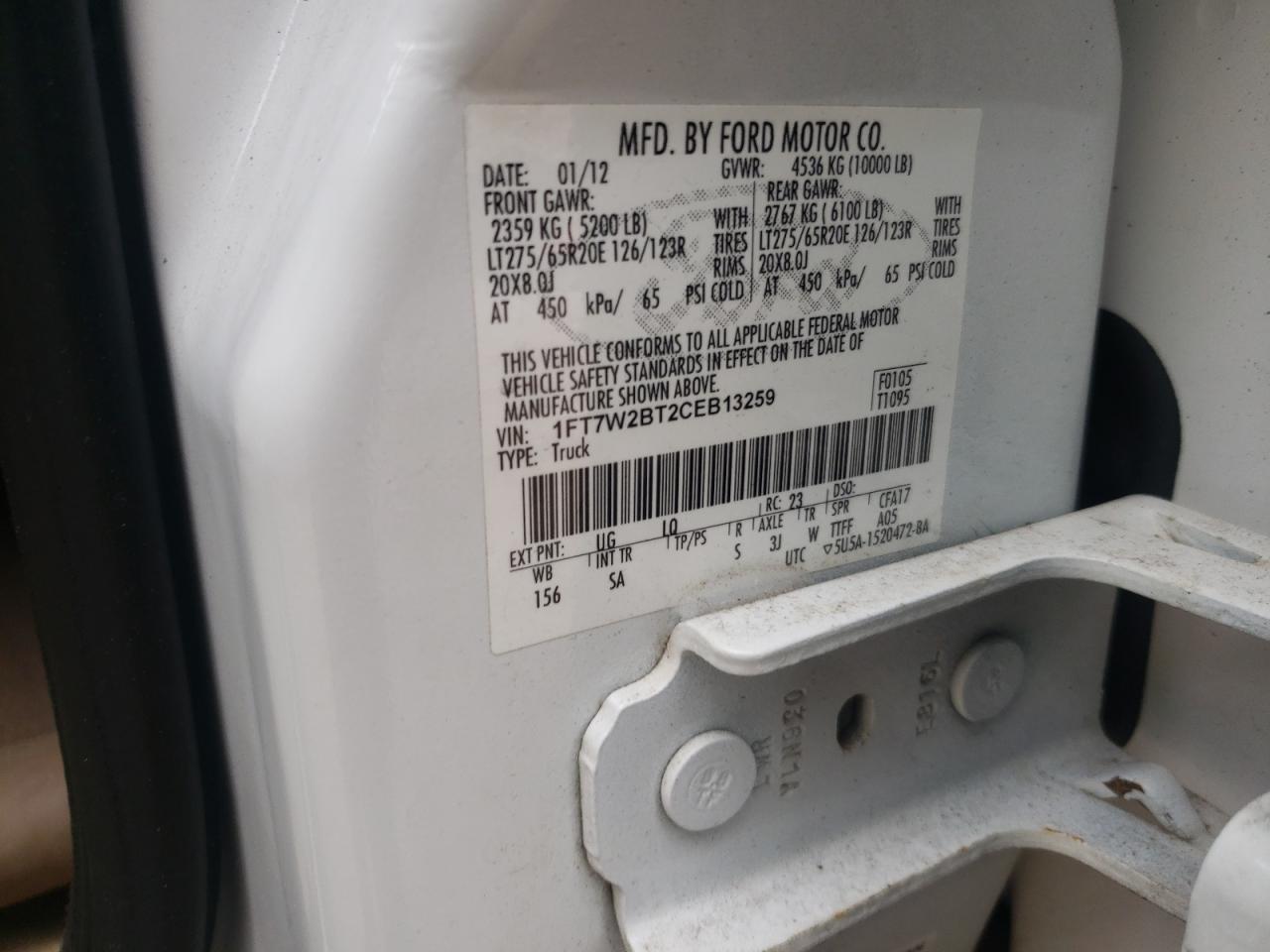Photo 10 from auction – 2012 FORD F250 SUPER with VIN 1FT7W2BT2CEB13259
