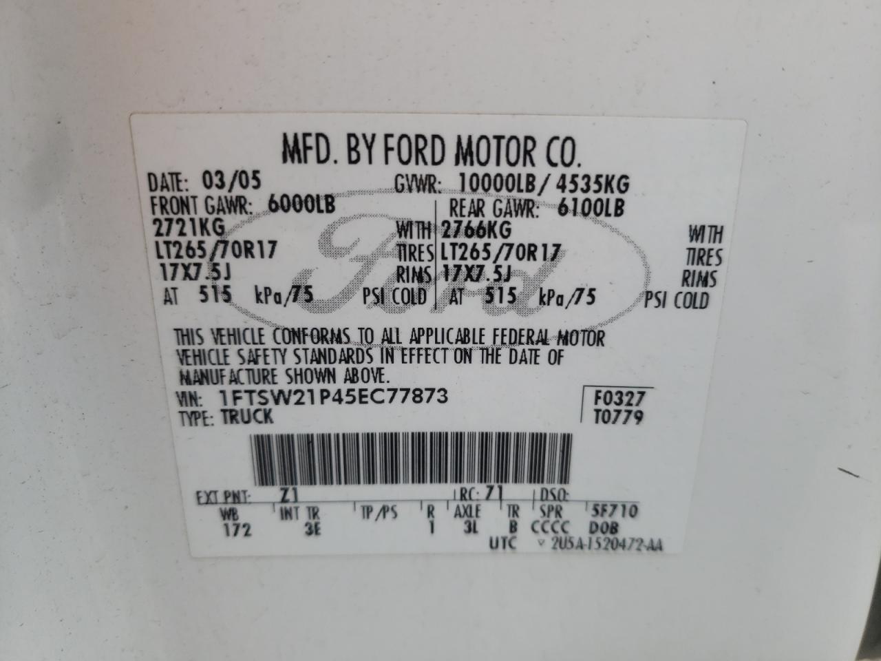 Photo 10 from auction – 2005 FORD F250 SUPER with VIN 1FTSW21P45EC77873
