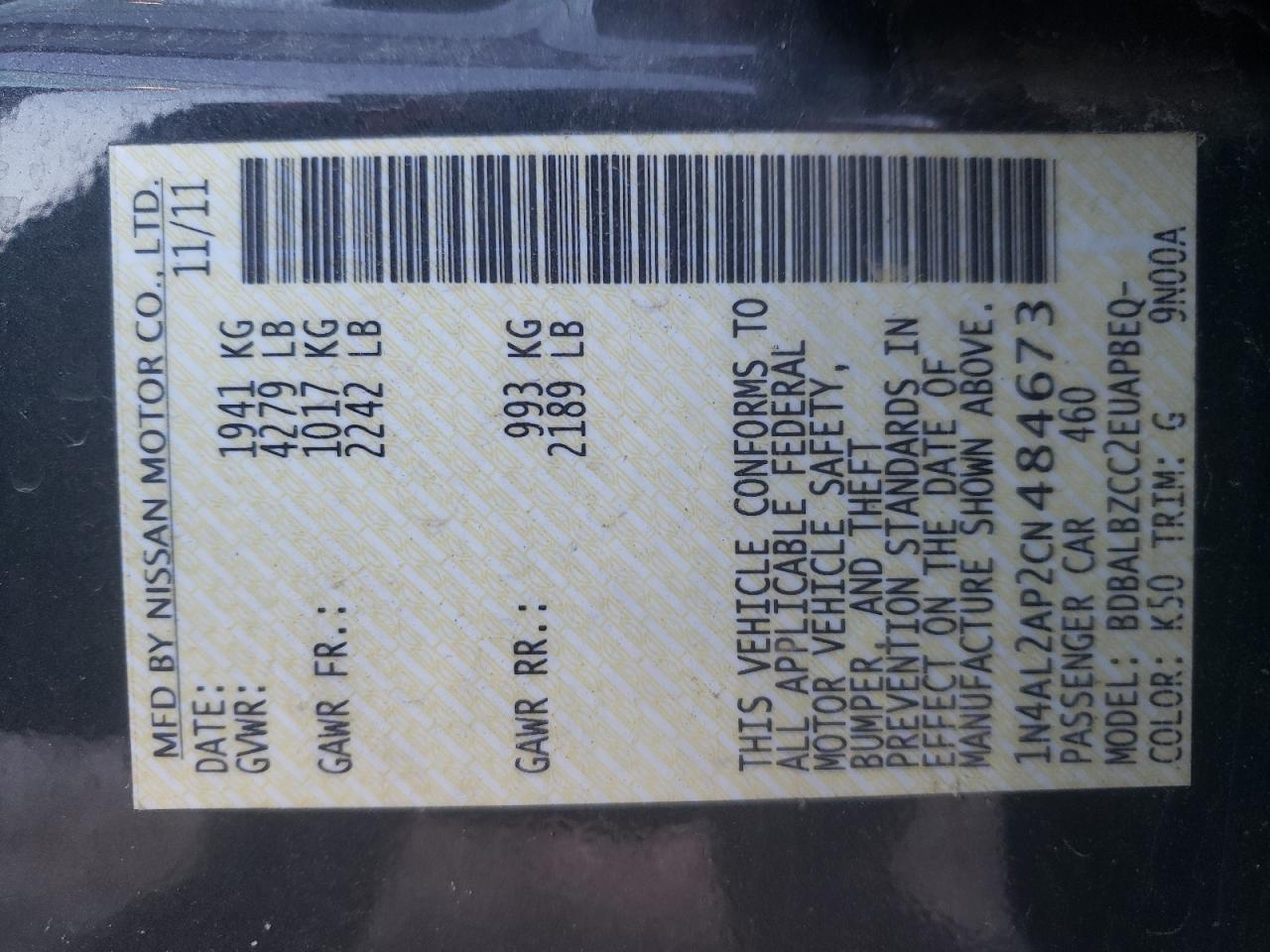 Photo 10 from auction – 2012 NISSAN ALTIMA BAS with VIN 1N4AL2AP2CN484673