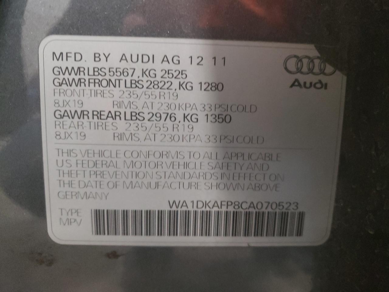 Photo 10 from auction – 2012 AUDI Q5 PREMIUM with VIN WA1DKAFP8CA070523