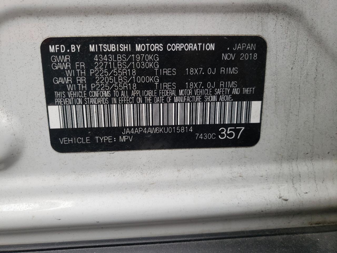 Photo 10 from auction – 2019 MITSUBISHI OUTLANDER with VIN JA4AP4AW6KU015814
