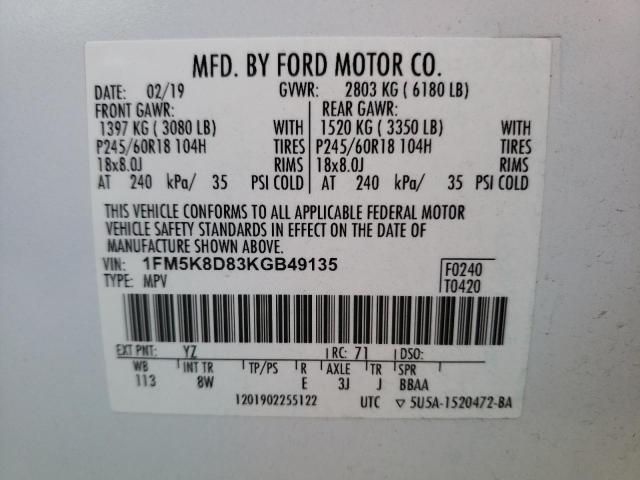 Photo 10 from auction – 2019 FORD EXPLORER X with VIN 1FM5K8D83KGB49135