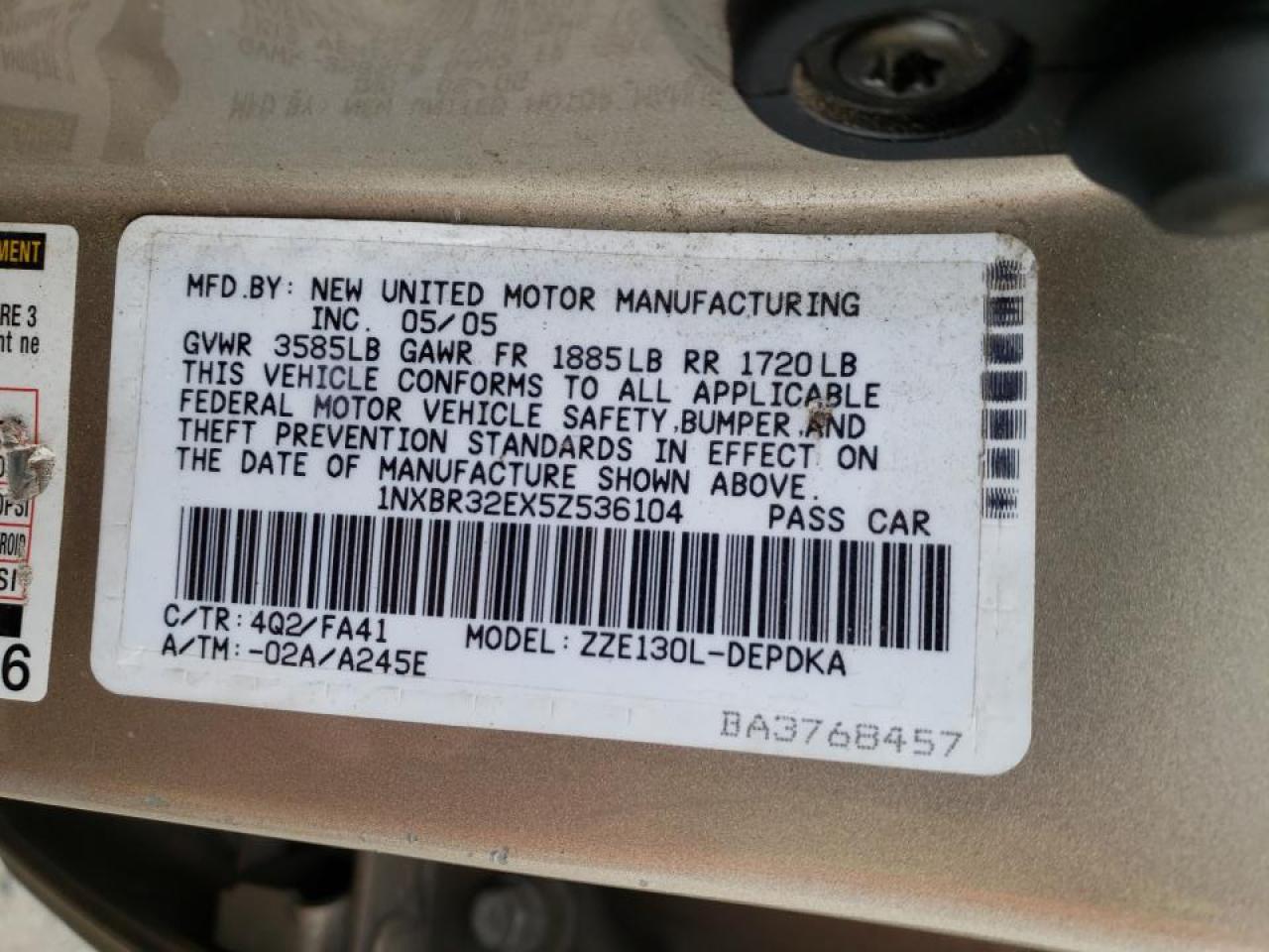 Photo 10 from auction – 2005 TOYOTA COROLLA CE with VIN 1NXBR32EX5Z536104