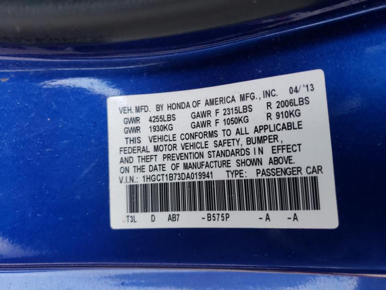 Photo 10 from auction – 2013 HONDA ACCORD EX with VIN 1HGCT1B73DA019941