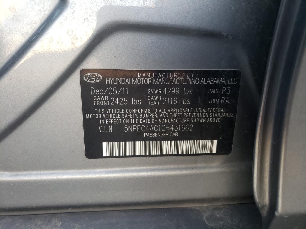 Photo 10 from auction – 2012 HYUNDAI SONATA SE with VIN 5NPEC4AC1CH431662