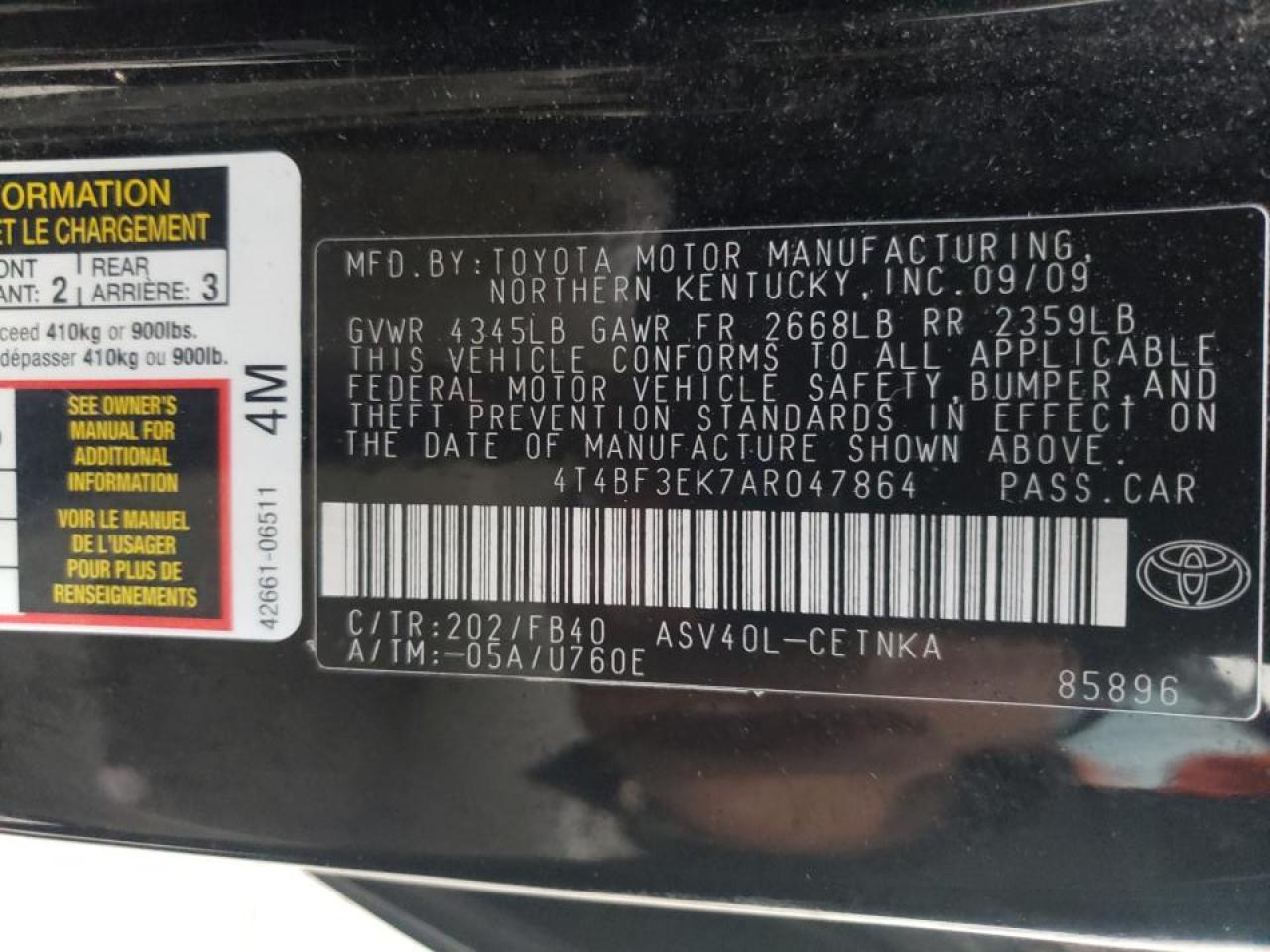 Photo 10 from auction – 2010 TOYOTA CAMRY BASE with VIN 4T4BF3EK7AR047864