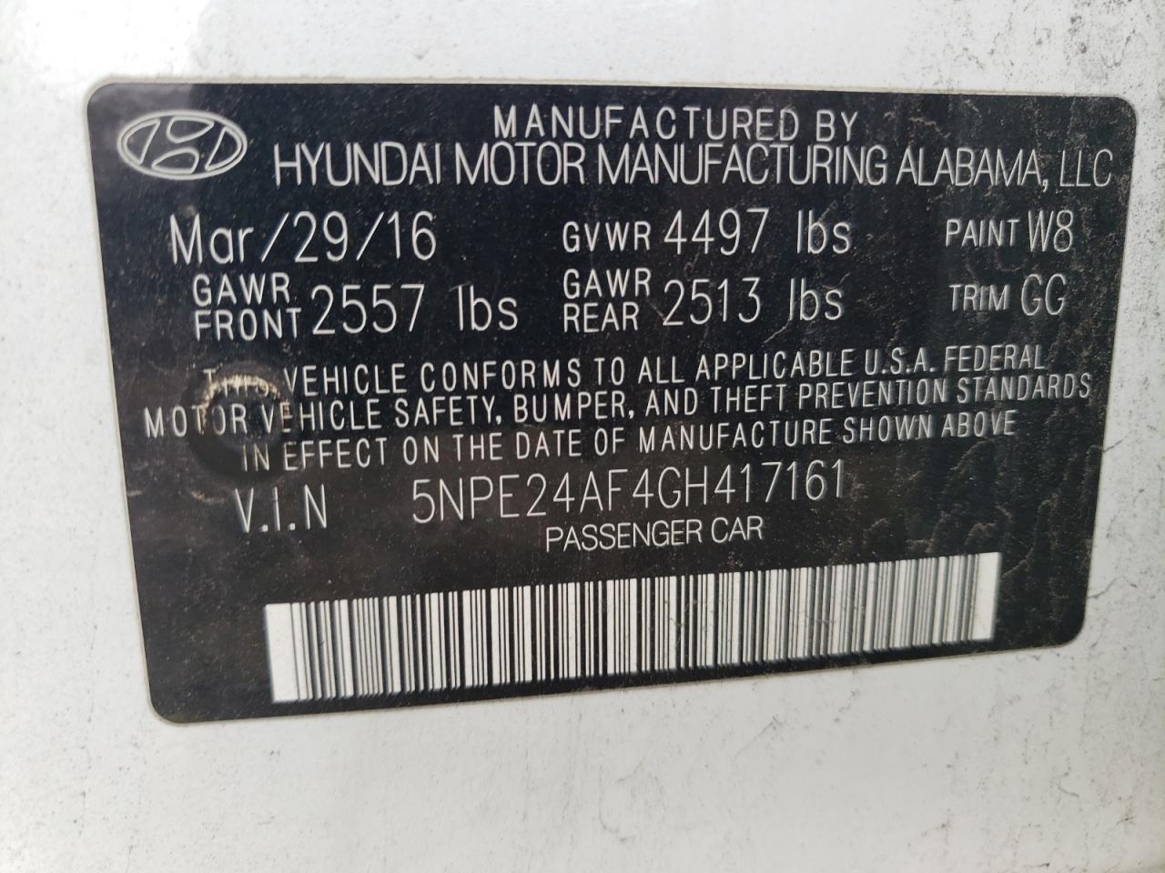 Photo 10 from auction – 2016 HYUNDAI SONATA SE with VIN 5NPE24AF4GH417161