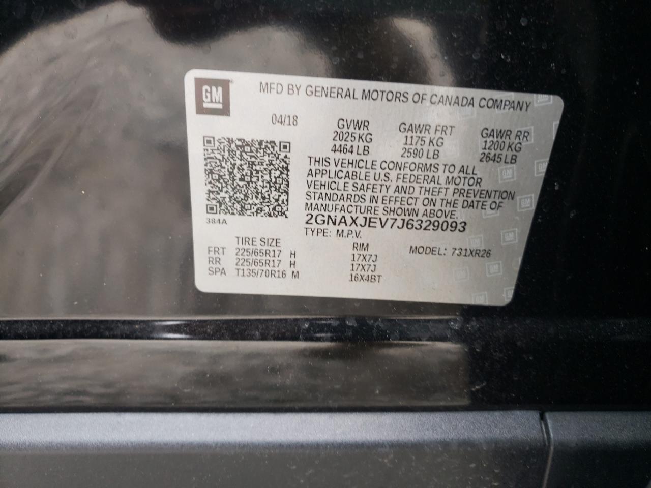 Photo 10 from auction – 2018 CHEVROLET EQUINOX LT with VIN 2GNAXJEV7J6329093
