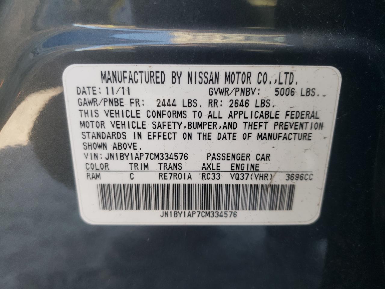 Photo 10 from auction – 2012 INFINITI M37 with VIN JN1BY1AP7CM334576