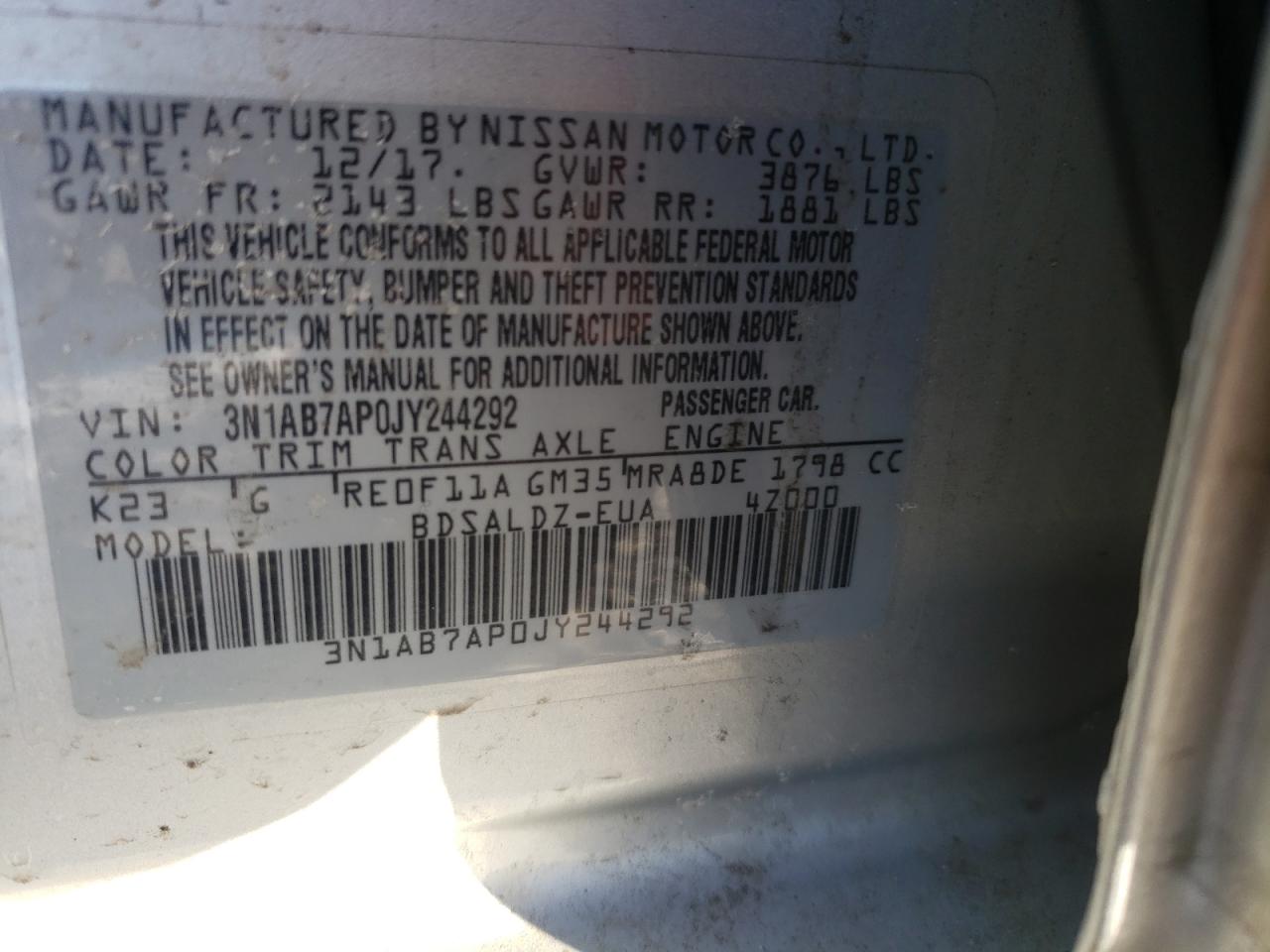 Photo 10 from auction – 2018 NISSAN SENTRA S with VIN 3N1AB7AP0JY244292