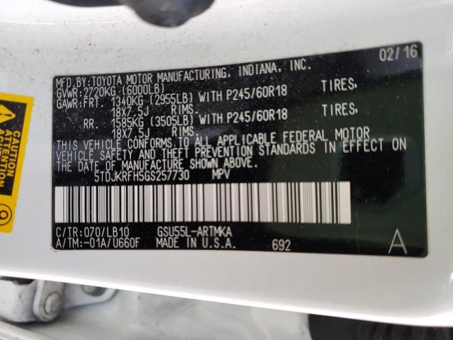 Photo 10 from auction – 2016 TOYOTA HIGHLANDER with VIN 5TDJKRFH5GS257730