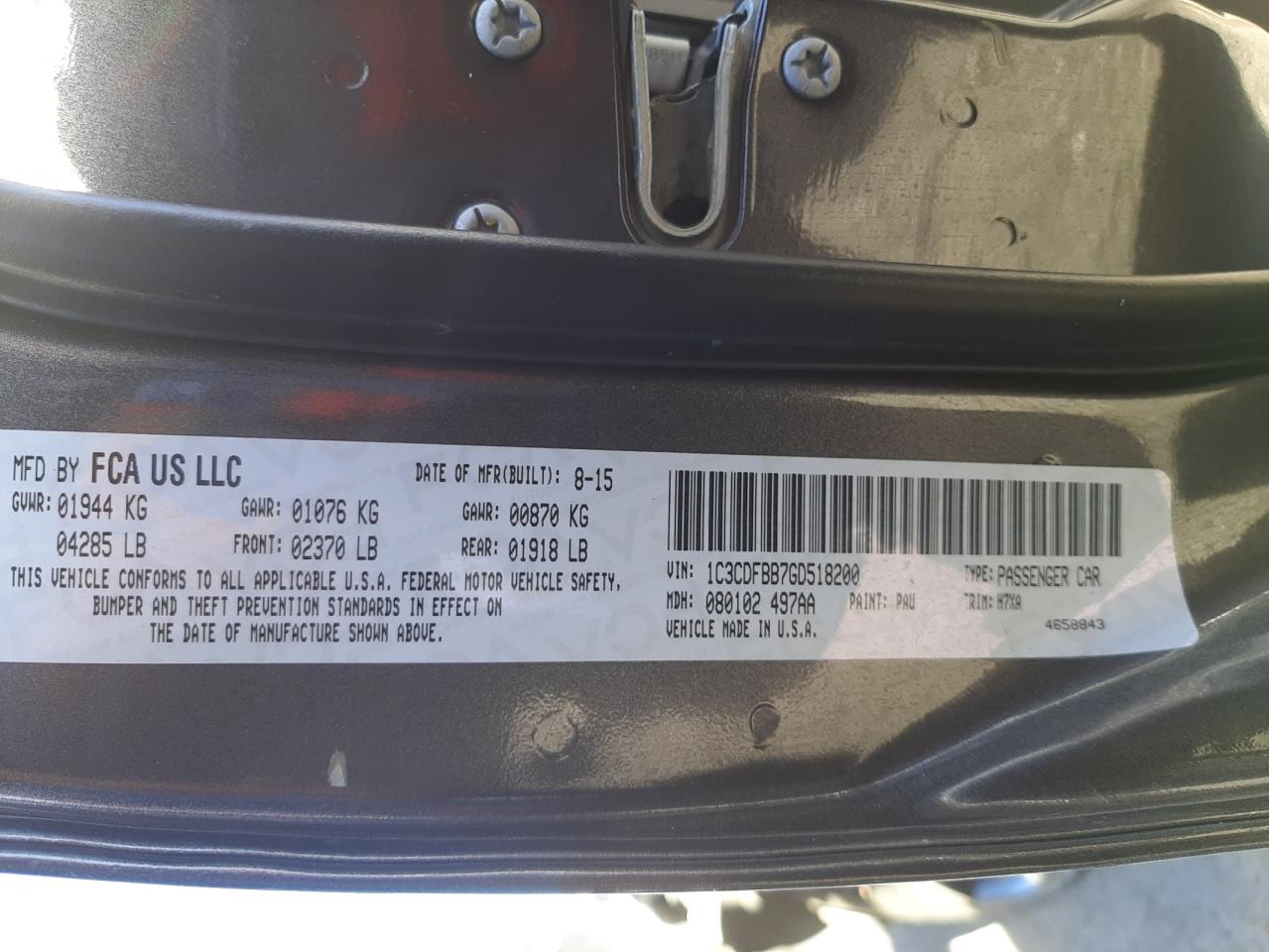 Photo 10 from auction – 2016 DODGE DART SXT with VIN 1C3CDFBB7GD518200