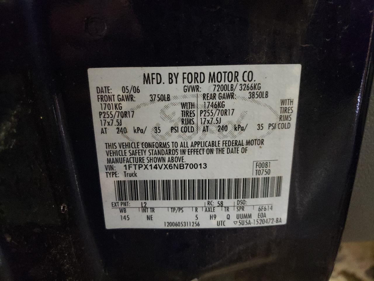 Photo 10 from auction – 2006 FORD F-150 with VIN 1FTPX14VX6NB70013