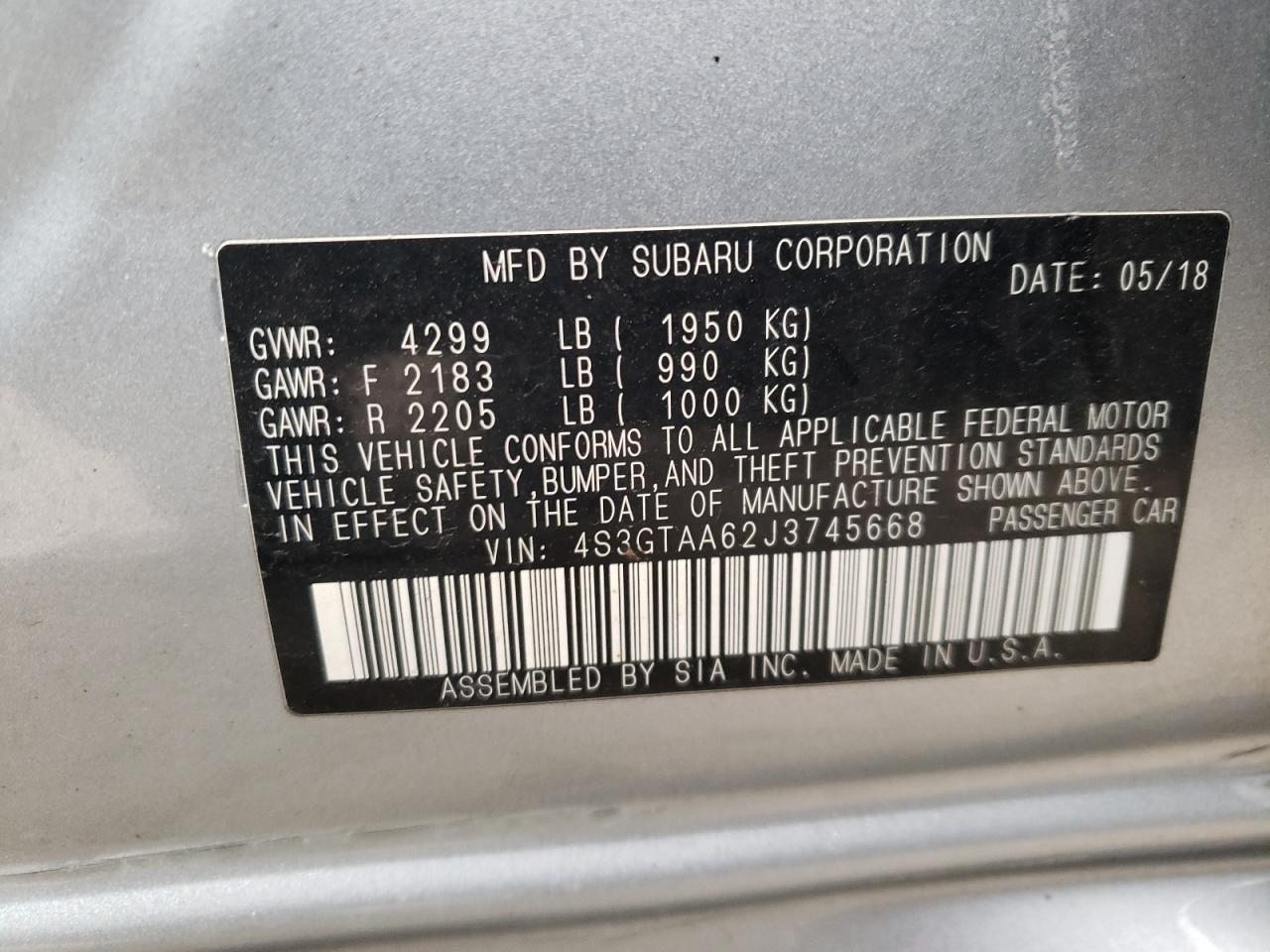 Photo 10 from auction – 2018 SUBARU IMPREZA with VIN 4S3GTAA62J3745668