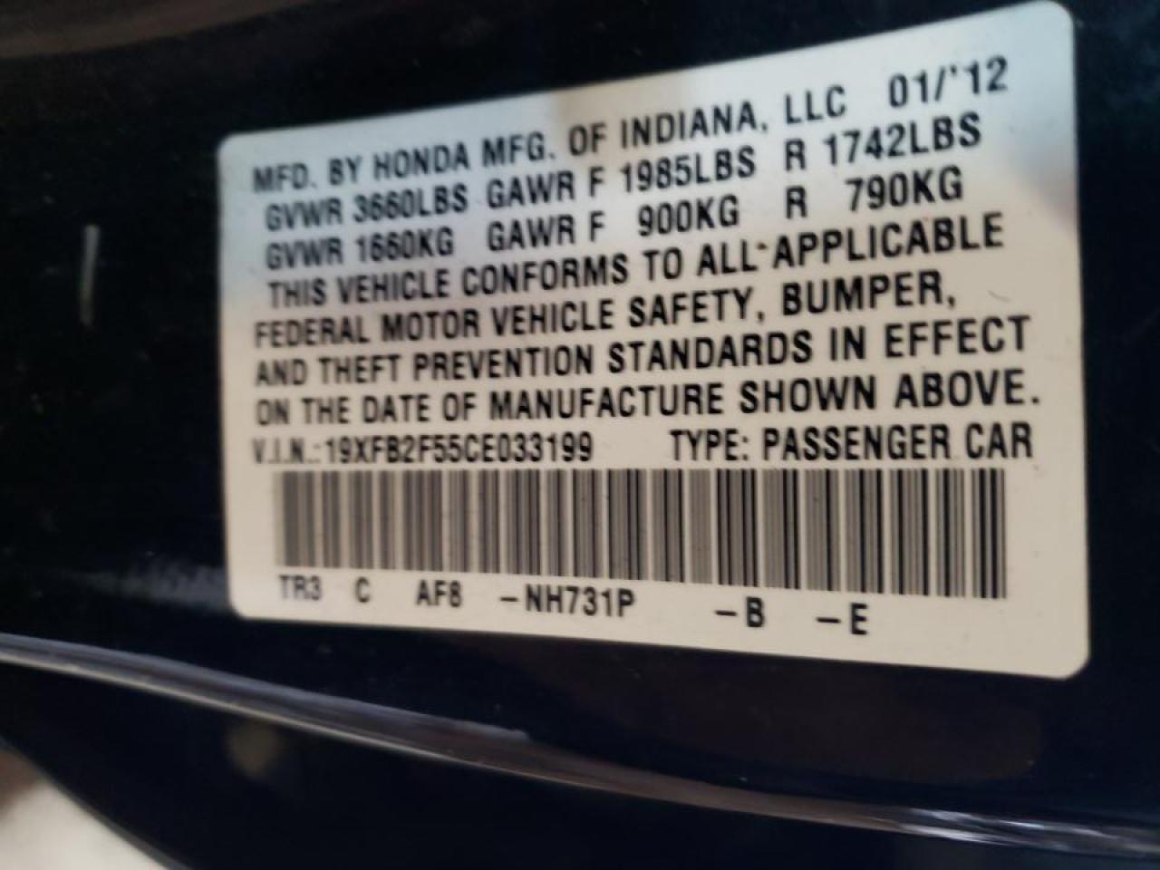 Photo 10 from auction – 2012 HONDA CIVIC LX with VIN 19XFB2F55CE033199