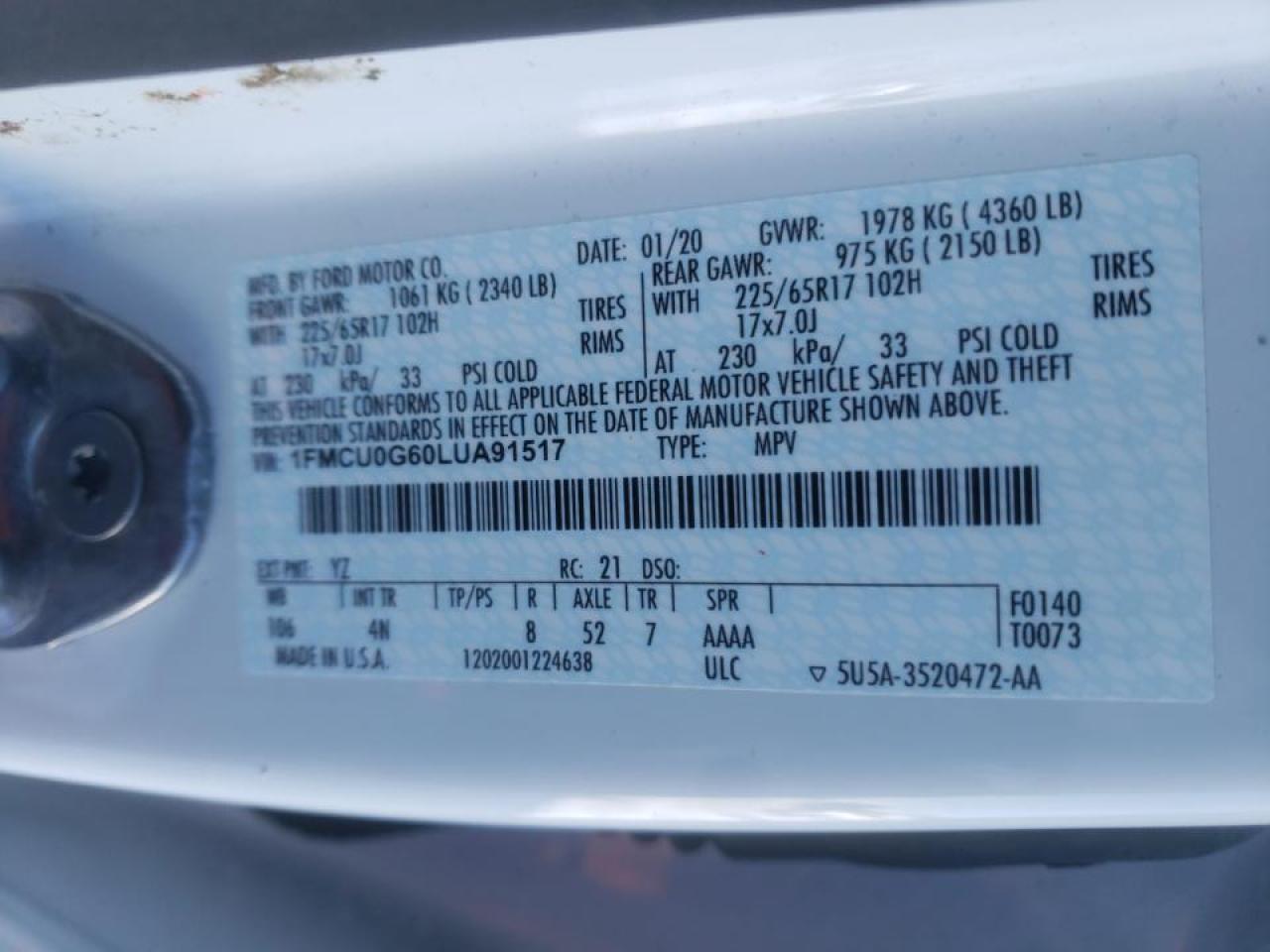 Photo 10 from auction – 2020 FORD ESCAPE SE with VIN 1FMCU0G60LUA91517