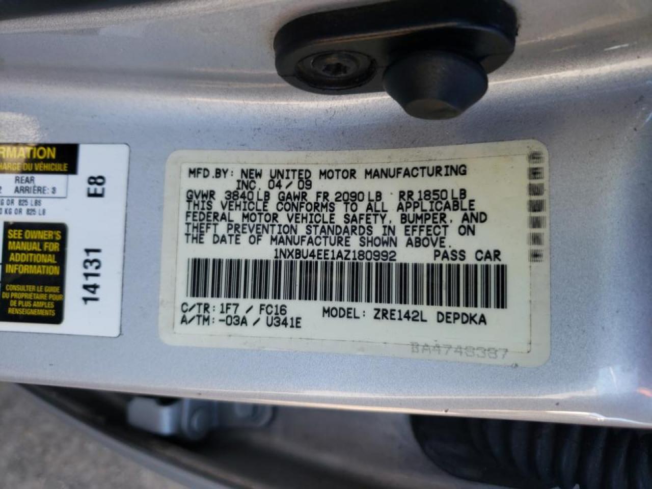 Photo 10 from auction – 2010 TOYOTA COROLLA BA with VIN 1NXBU4EE1AZ180992