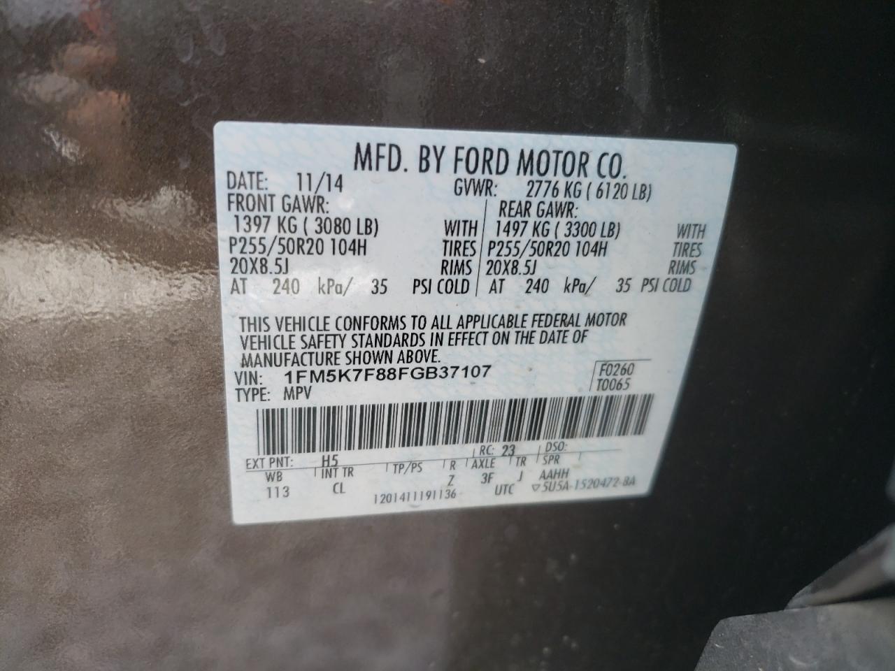 Photo 10 from auction – 2015 FORD EXPLORER L with VIN 1FM5K7F88FGB37107