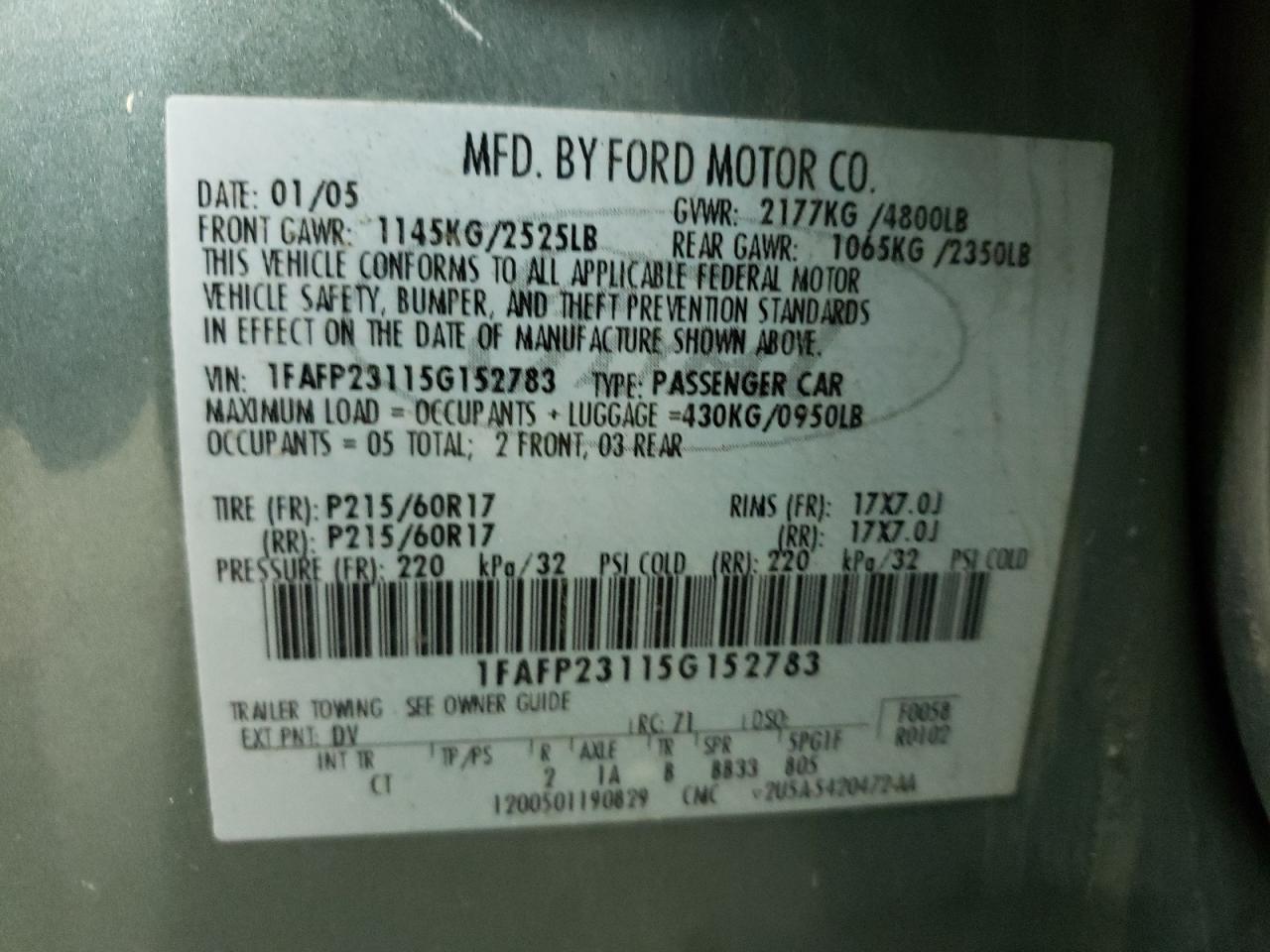 Photo 10 from auction – 2005 FORD FIVE HUNDR with VIN 1FAFP23115G152783