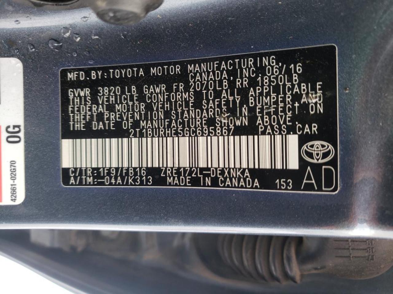 Photo 10 from auction – 2016 TOYOTA COROLLA L with VIN 2T1BURHE5GC695867