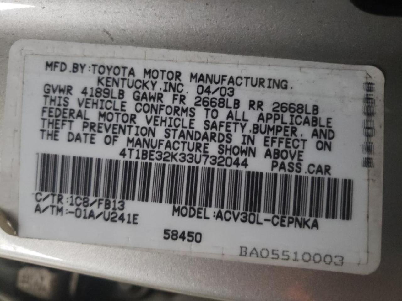 Photo 10 from auction – 2003 TOYOTA CAMRY with VIN 4T1BE32K33U732044