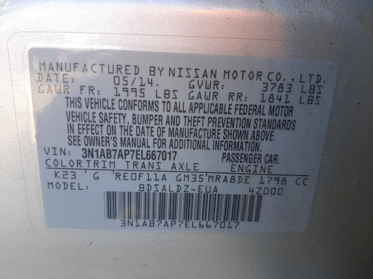 Photo 10 from auction – 2014 NISSAN SENTRA S with VIN 3N1AB7AP7EL667017