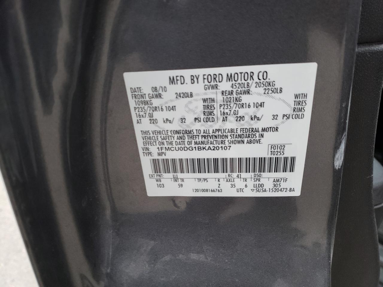 Photo 10 from auction – 2011 FORD ESCAPE XLT with VIN 1FMCU0DG1BKA20107