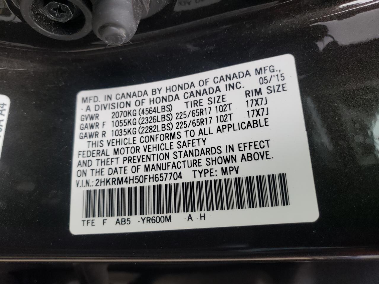 Photo 10 from auction – 2015 HONDA CR-V EX with VIN 2HKRM4H50FH657704