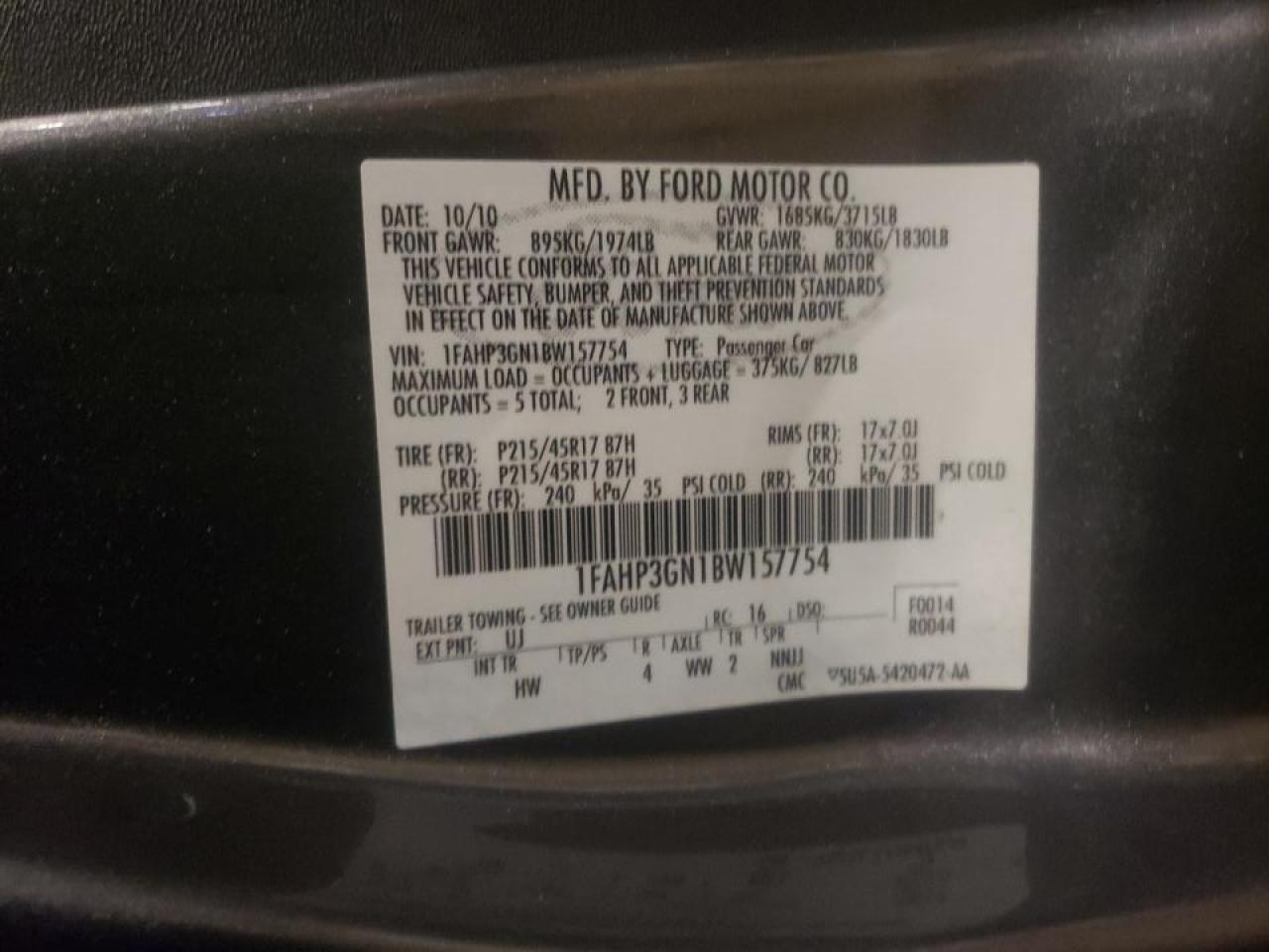 Photo 10 from auction – 2011 FORD FOCUS SES with VIN 1FAHP3GN1BW157754