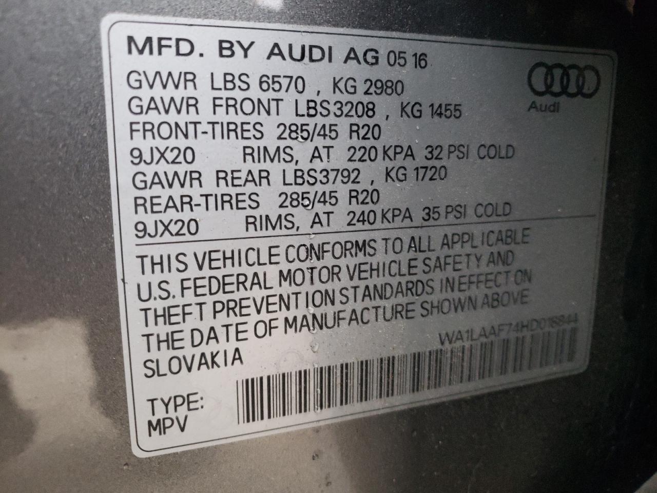 Photo 11 from auction – 2017 AUDI Q7 PREMIUM with VIN WA1LAAF74HD018844