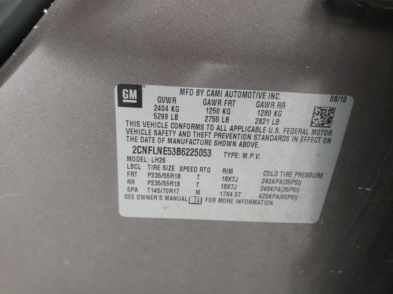 Photo 10 from auction – 2011 CHEVROLET EQUINOX LT with VIN 2CNFLNE53B6225053