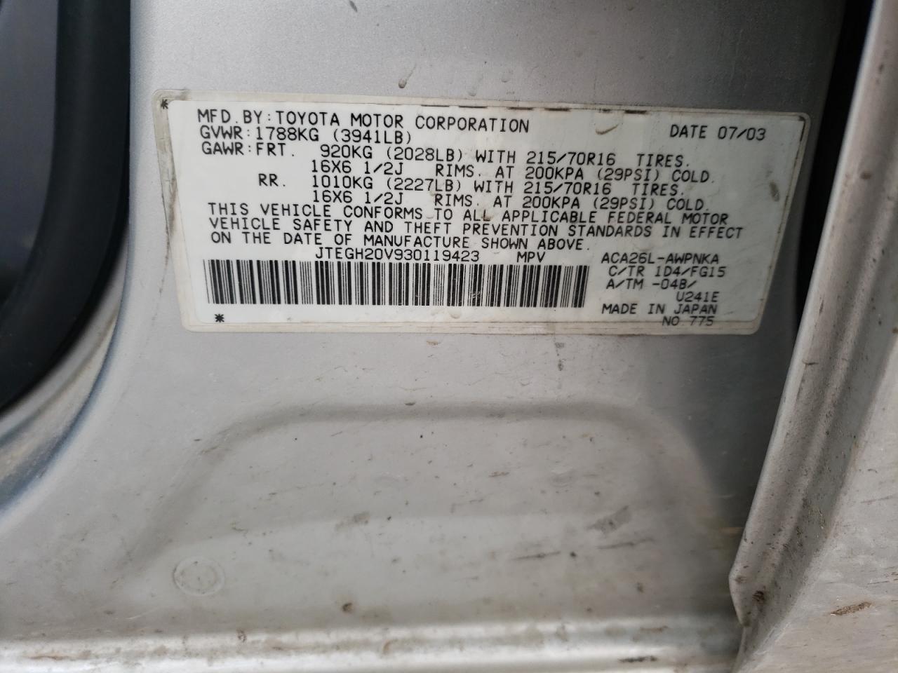 Photo 10 from auction – 2003 TOYOTA RAV4 with VIN JTEGH20V930119423