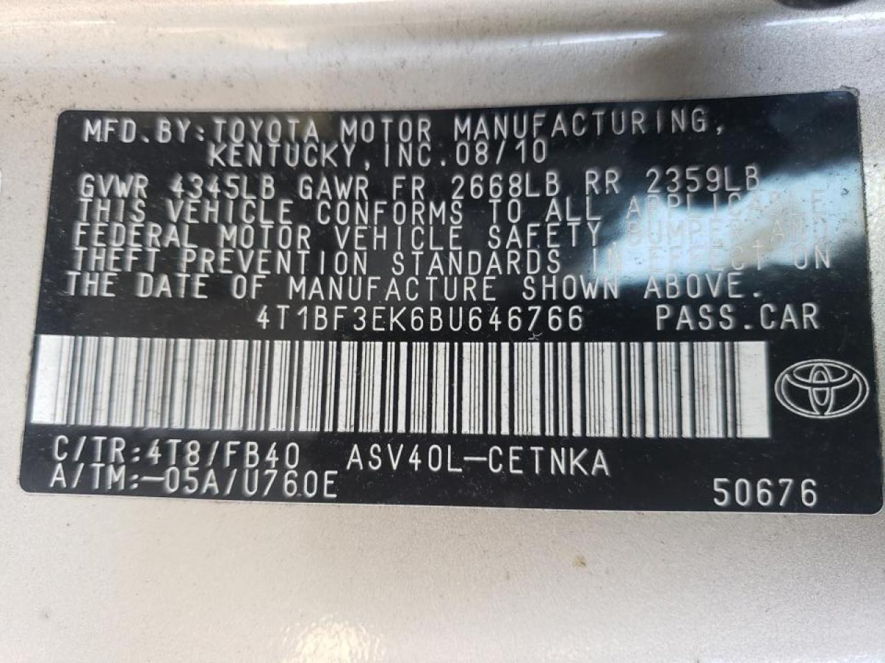 Photo 10 from auction – 2011 TOYOTA CAMRY BASE with VIN 4T1BF3EK6BU646766