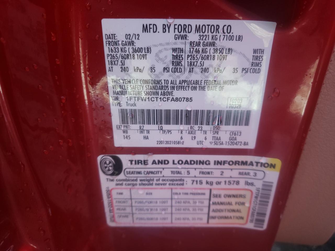Photo 10 from auction – 2012 FORD F150 SUPER with VIN 1FTFW1CT1CFA80785