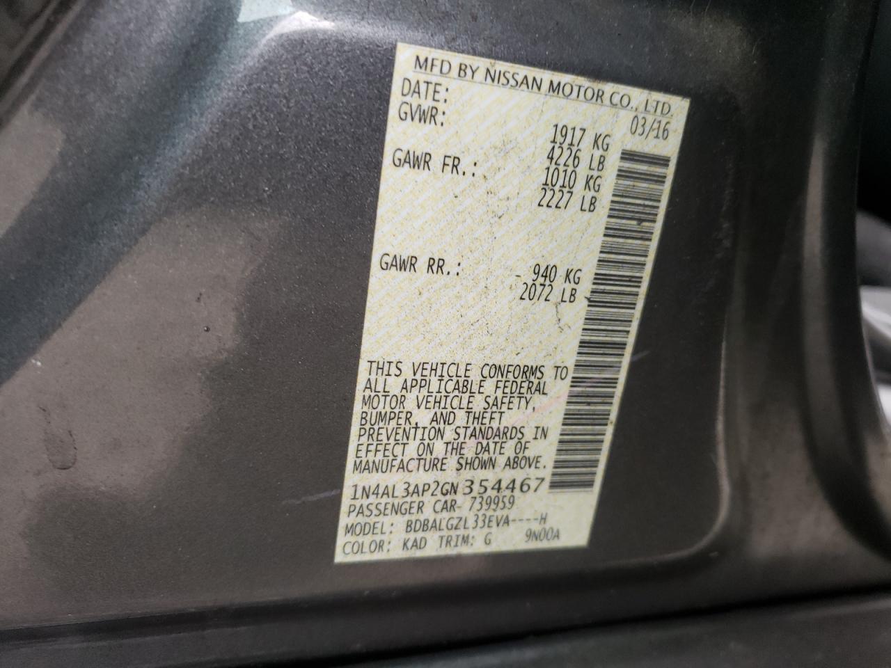 Photo 10 from auction – 2016 NISSAN ALTIMA 2.5 with VIN 1N4AL3AP2GN354467