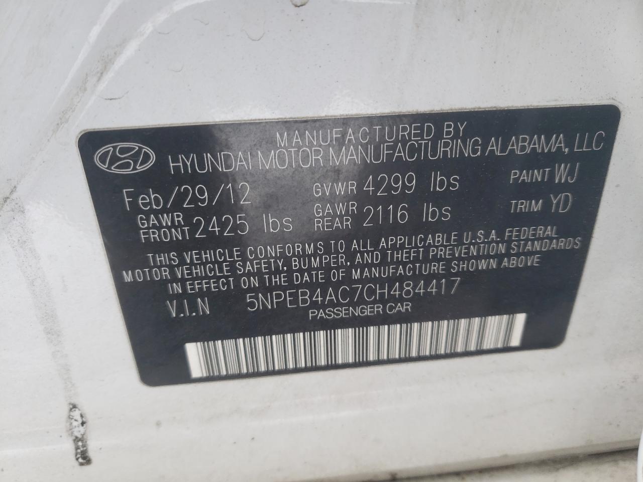 Photo 10 from auction – 2012 HYUNDAI SONATA GLS with VIN 5NPEB4AC7CH484417