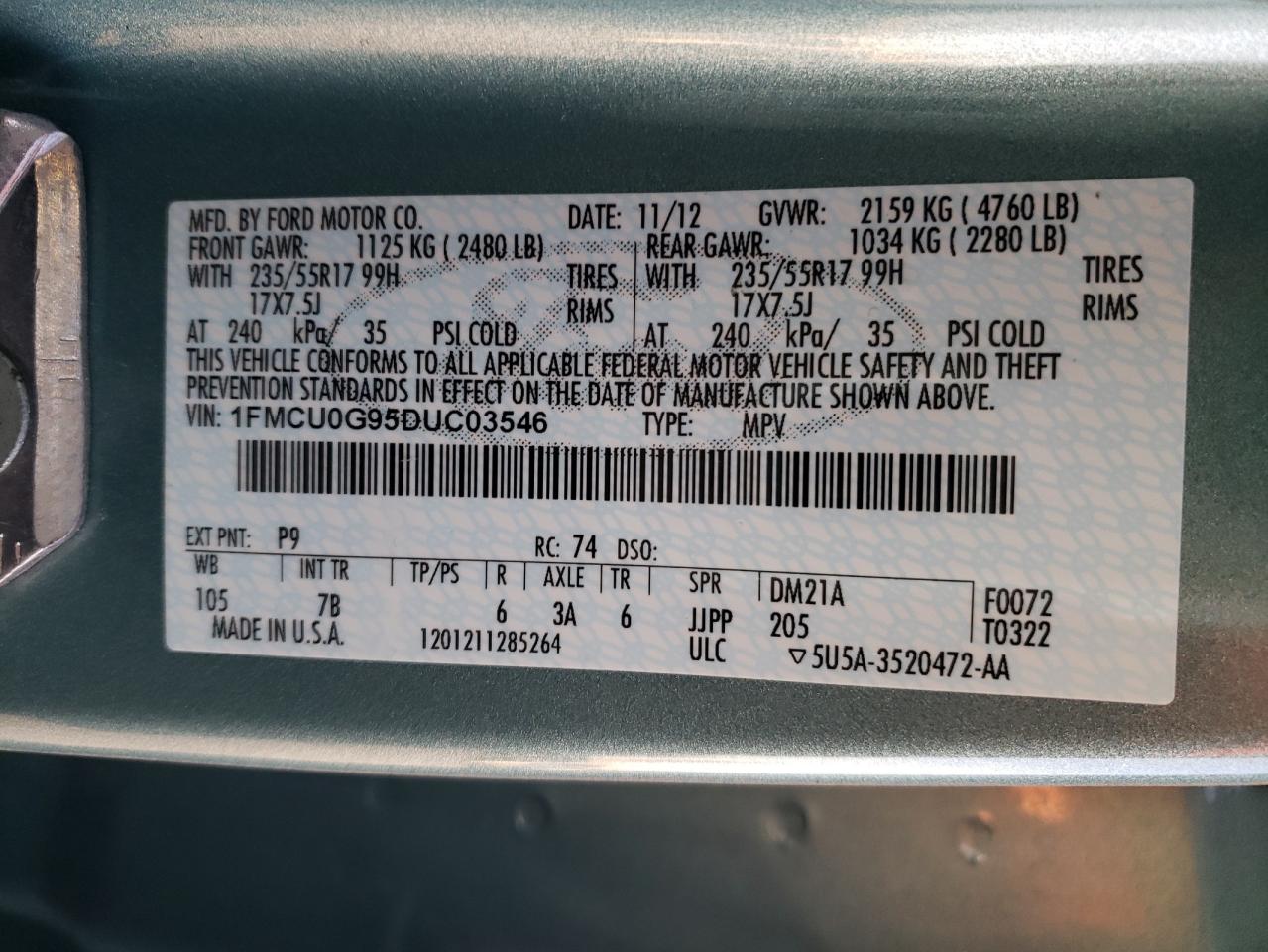 Photo 10 from auction – 2013 FORD ESCAPE SE with VIN 1FMCU0G95DUC03546