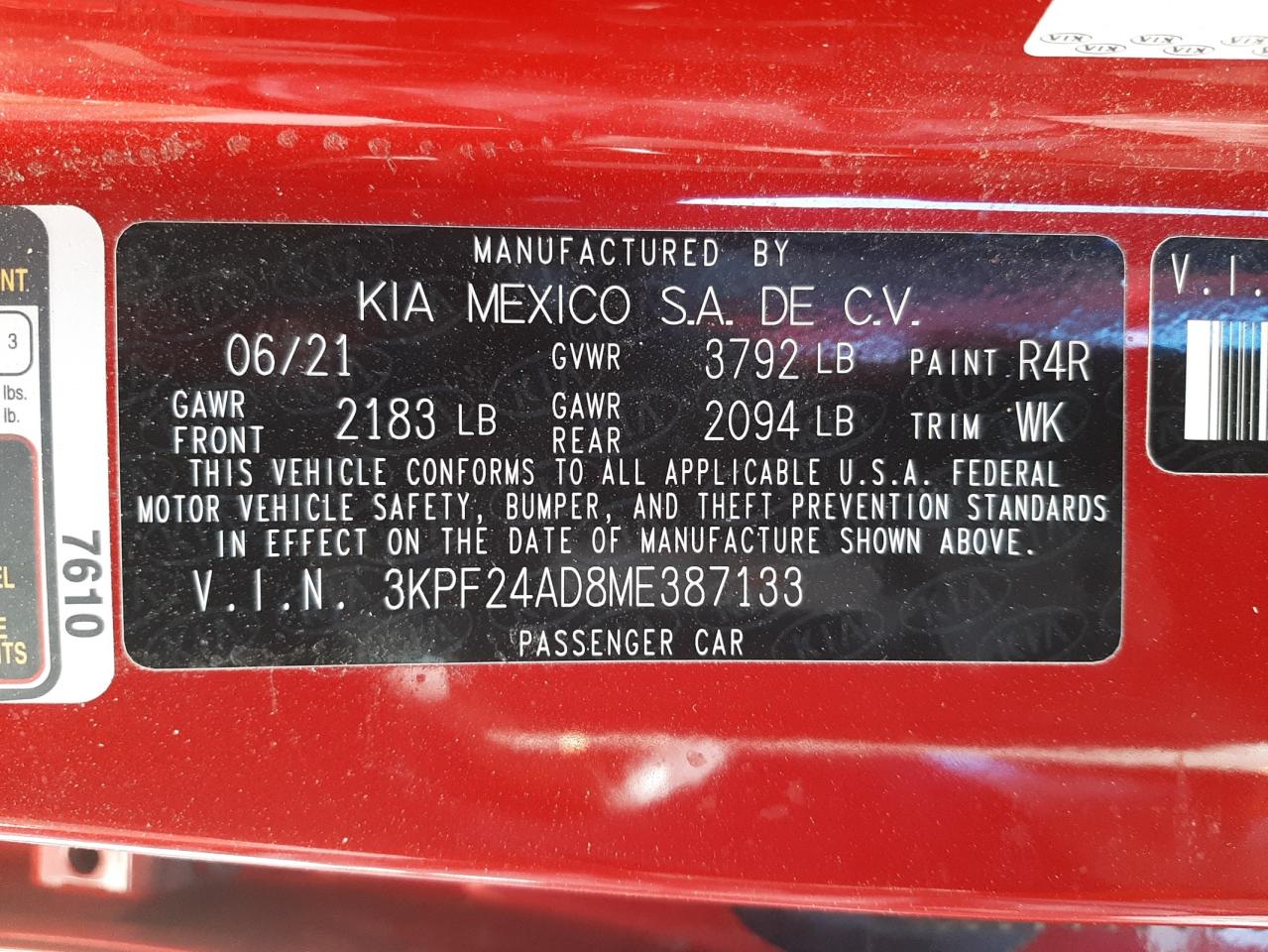 Photo 10 from auction – 2021 KIA FORTE FE with VIN 3KPF24AD8ME387133