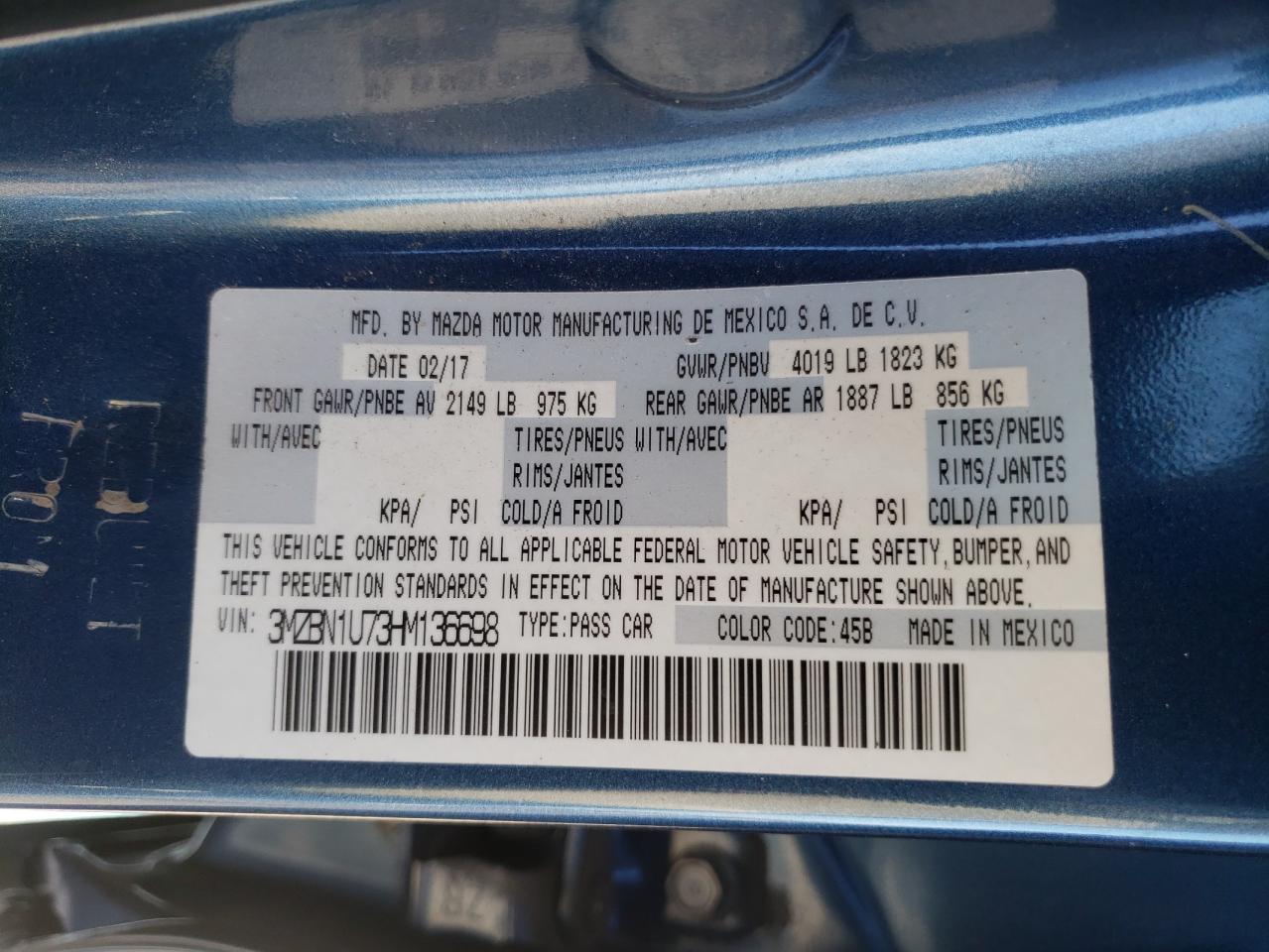 Photo 10 from auction – 2017 MAZDA 3 SPORT with VIN 3MZBN1U73HM136698