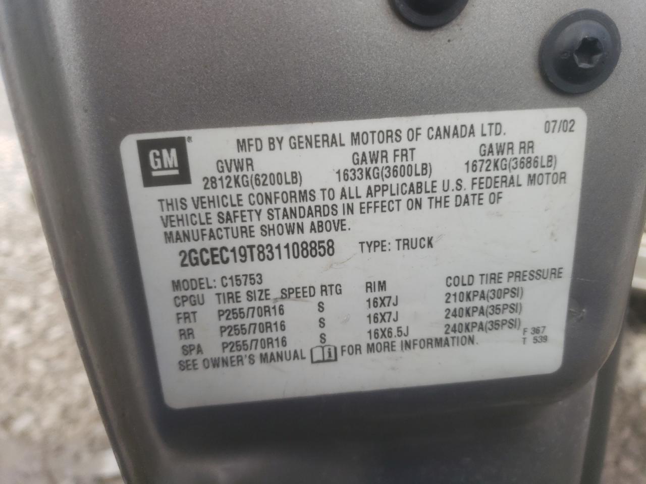 Photo 10 from auction – 2003 CHEVROLET SILVERADO with VIN 2GCEC19T831108858