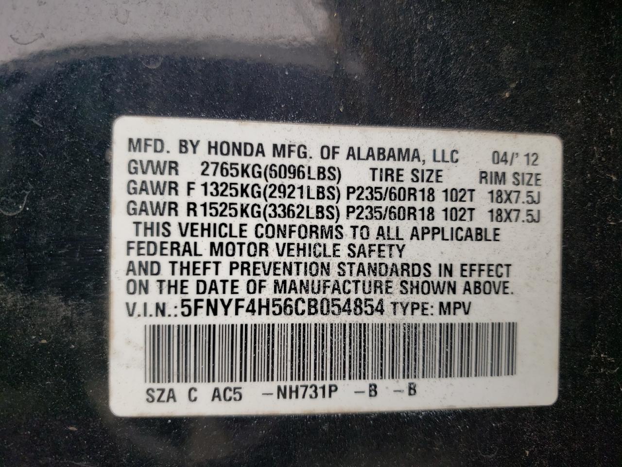 Photo 10 from auction – 2012 HONDA PILOT EXL with VIN 5FNYF4H56CB054854