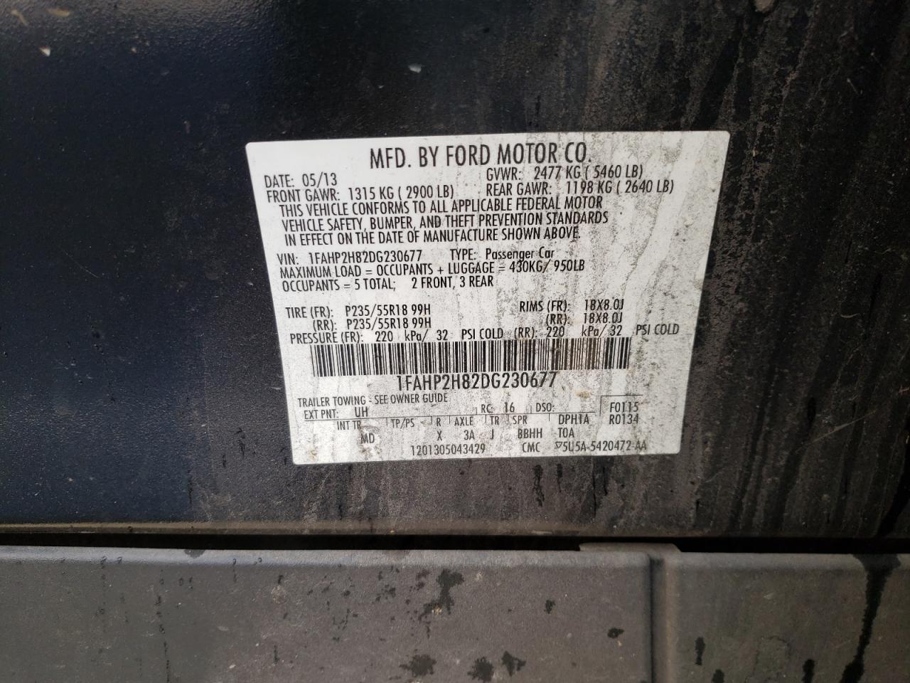 Photo 10 from auction – 2013 FORD TAURUS SEL with VIN 1FAHP2H82DG230677