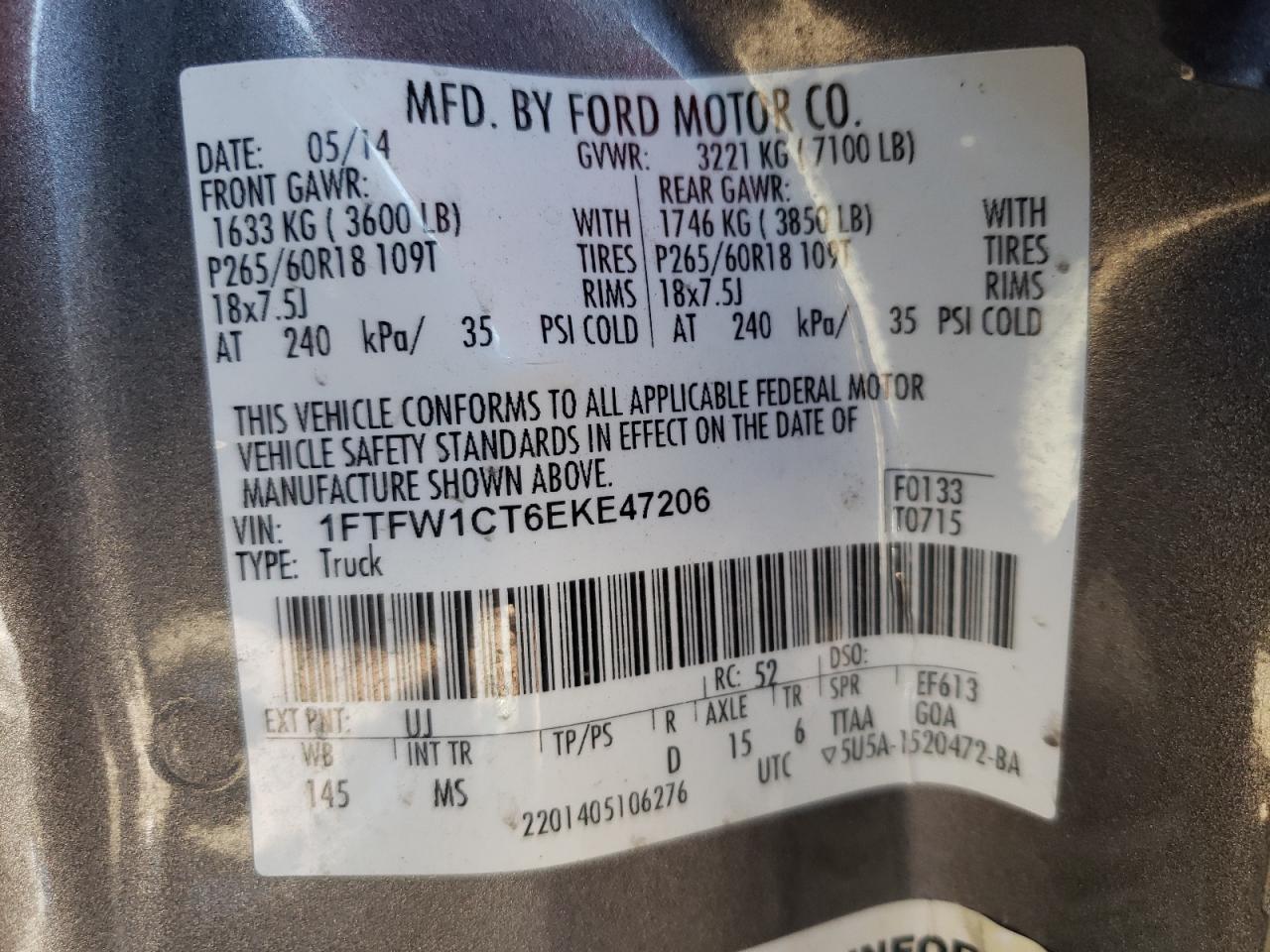 Photo 10 from auction – 2014 FORD F150 SUPER with VIN 1FTFW1CT6EKE47206