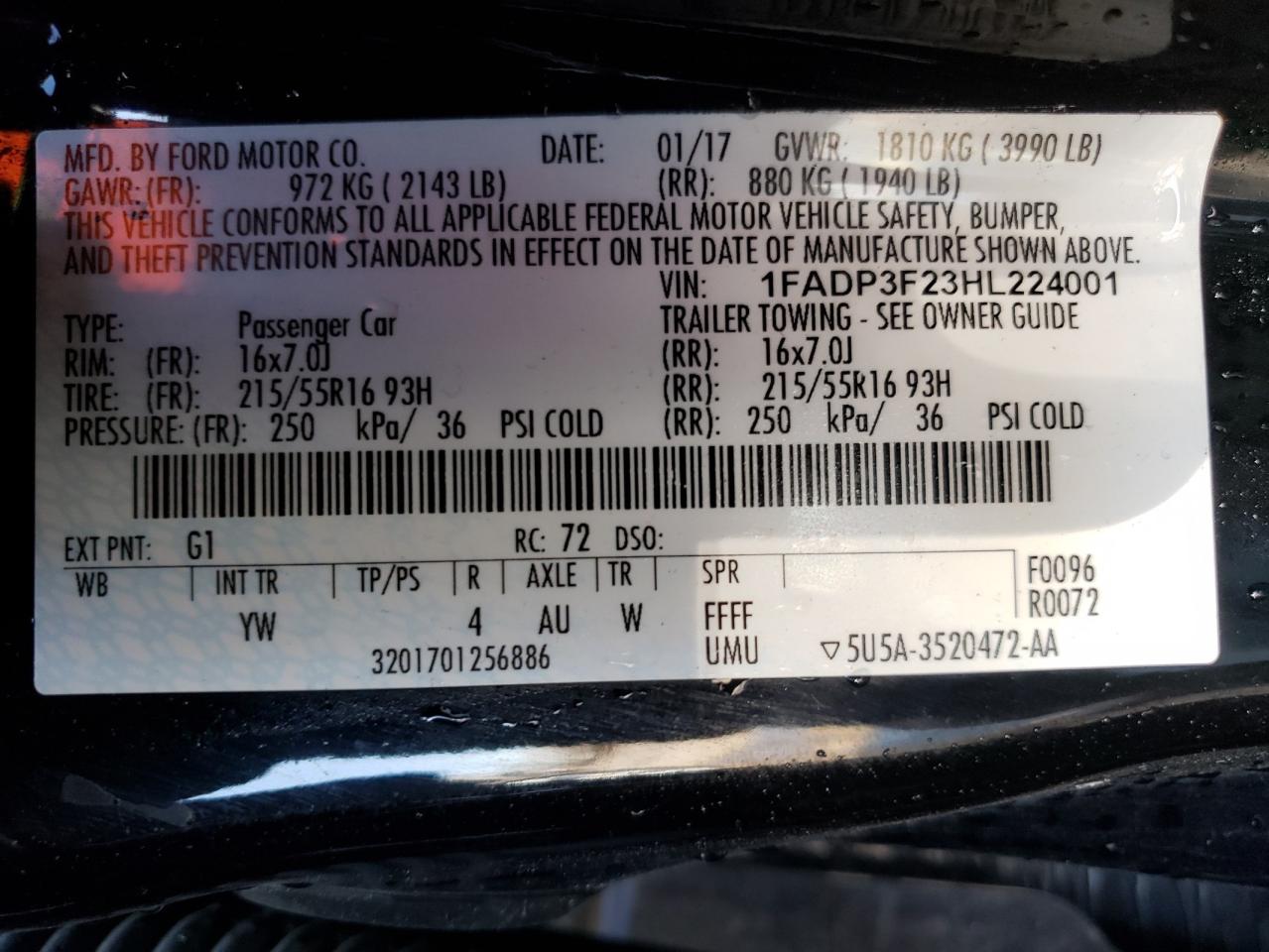 Photo 10 from auction – 2017 FORD FOCUS SE with VIN 1FADP3F23HL224001