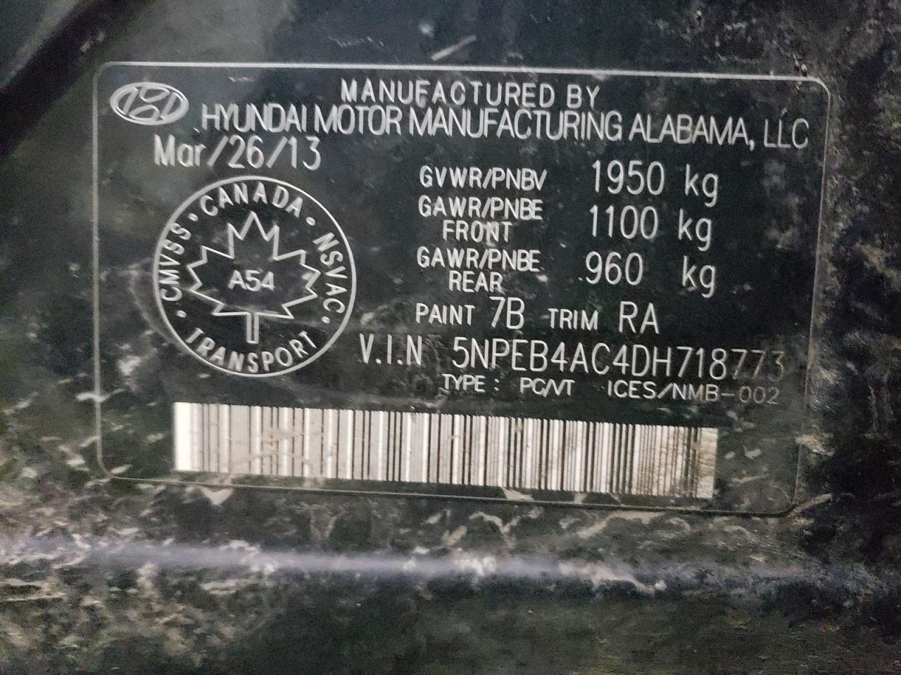 Photo 10 from auction – 2013 HYUNDAI SONATA GLS with VIN 5NPEB4AC4DH718773